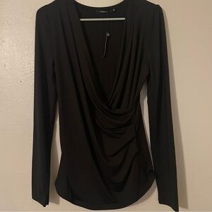 PattyBoutik Black Draped Deep V Long Sleeve Top Size M NWT
